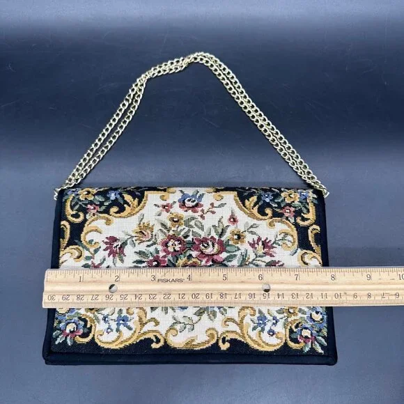 Vintage Handbag 1970s Floral Tapestry Evening Purse Gold Chain Strap Hong Kong - Picture 12 of 12